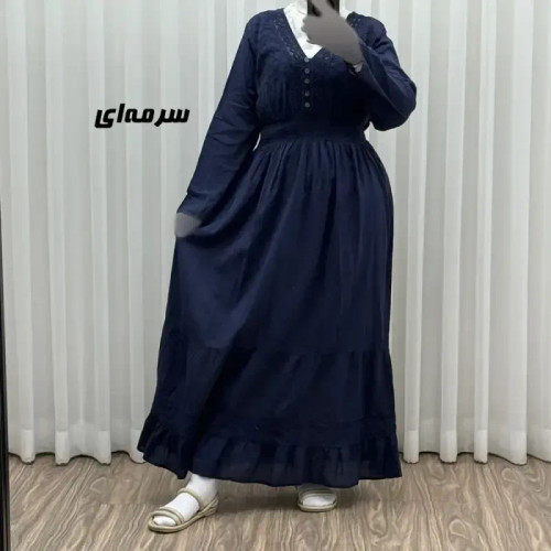 پیراهن ساحلی زنانه آستین بلند نخی تافته فری سایز مدل سلن دکمه دار آستردار