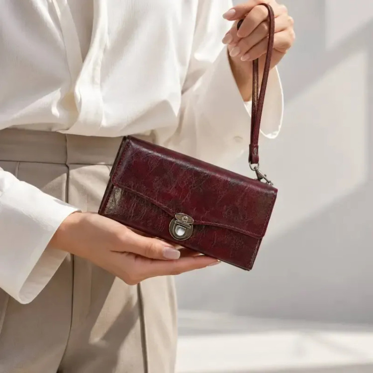 کیف پول چرم مصنوعی زنانه با قفل و جیب داخلی و بیرونی
