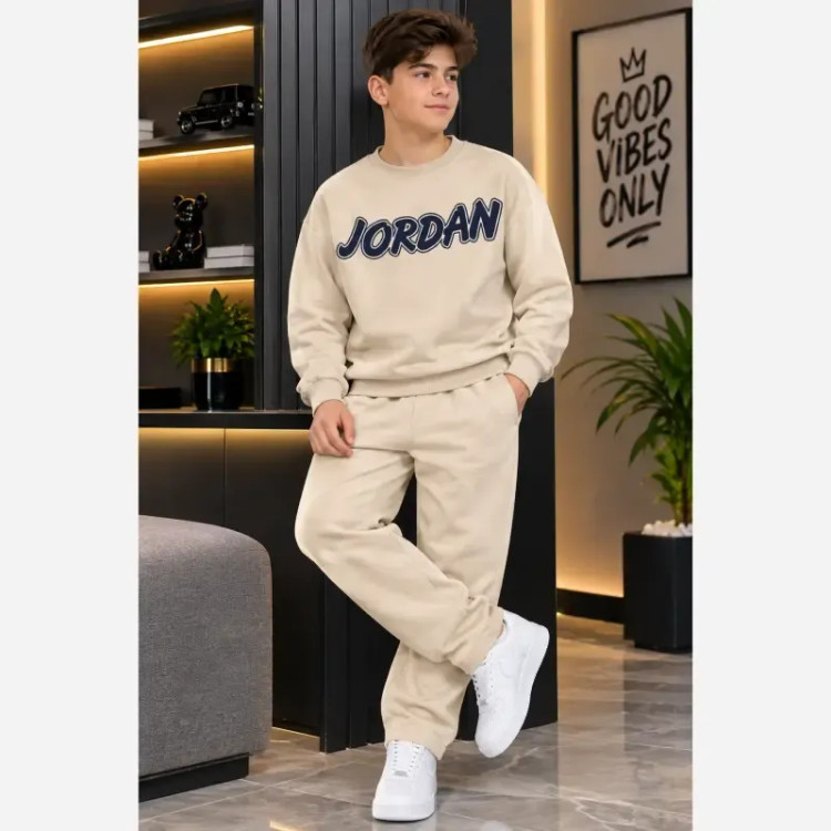 ست بلوز و شلوار دورس لاکرادار اسپرت دخترانه و پسرانه نوجوان کرم و نسکافهای